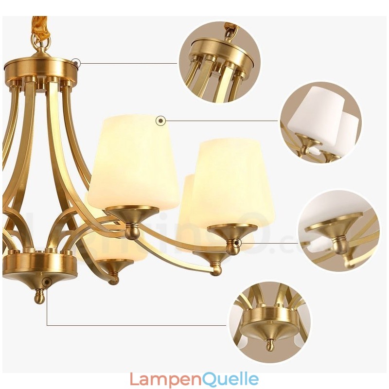 Großer luxuriöser rustikaler Retro-Vintage-Kronleuchter aus reinem Messing mit Glasschirmen