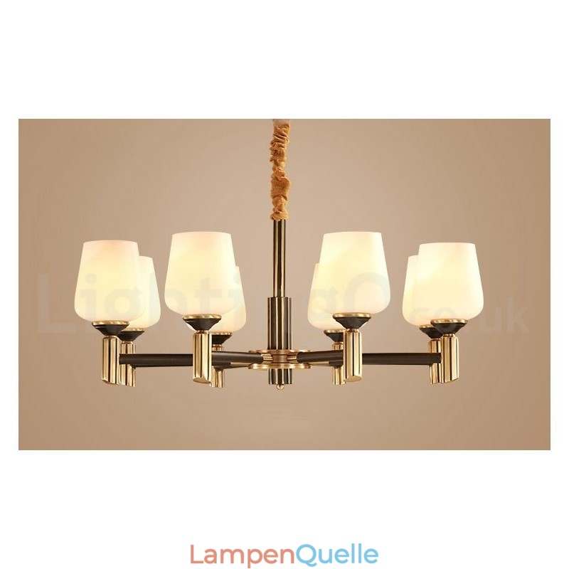 Großer luxuriöser rustikaler Retro-Vintage-Kronleuchter aus reinem Messing mit Glasschirmen