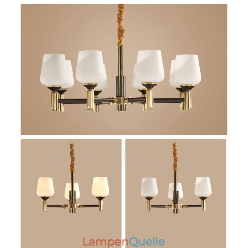 Großer luxuriöser rustikaler Retro-Vintage-Kronleuchter aus reinem Messing mit Glasschirmen