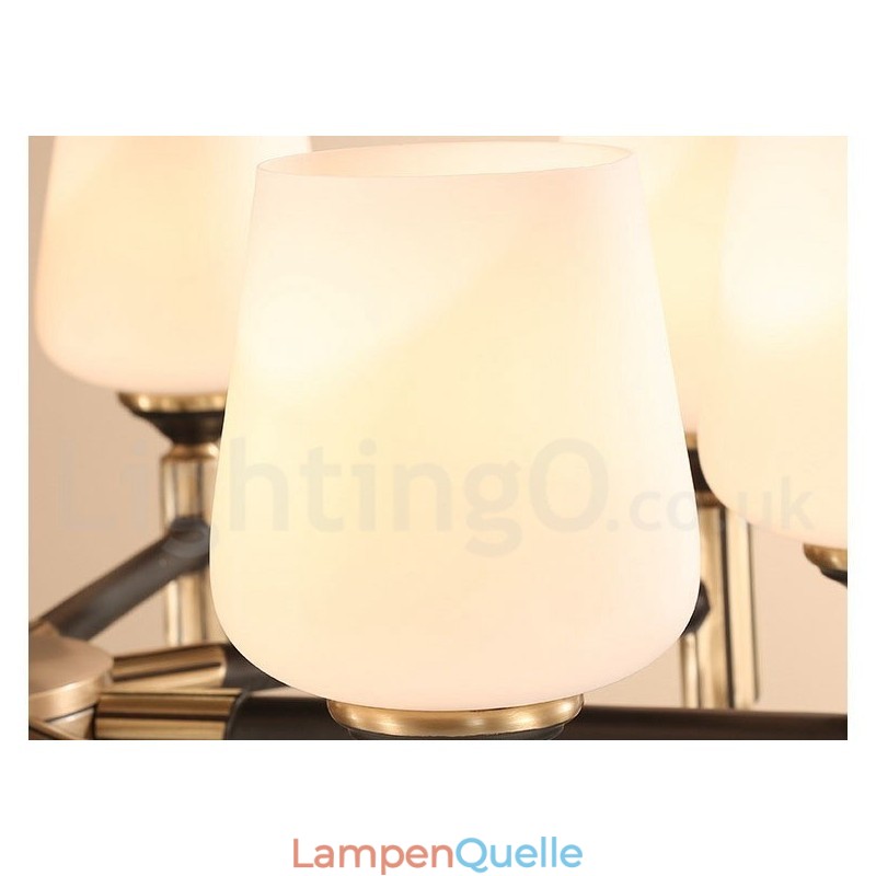 Großer luxuriöser rustikaler Retro-Vintage-Kronleuchter aus reinem Messing mit Glasschirmen