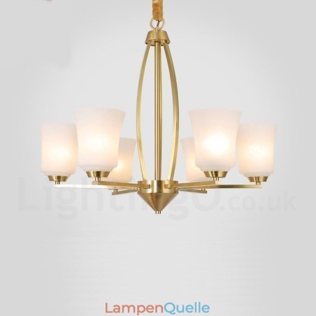 6-flammiger Kronleuchter aus reinem Messing, groß, luxuriös, rustikal, Retro-Vintage-Messing, mit Glasschirmen