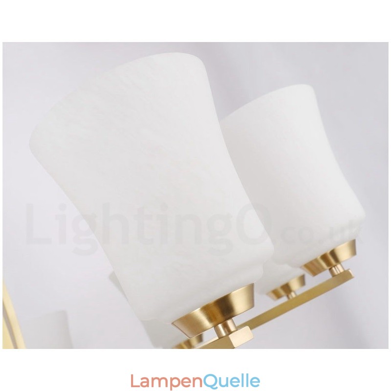 6-flammiger Kronleuchter aus reinem Messing, groß, luxuriös, rustikal, Retro-Vintage-Messing, mit Glasschirmen