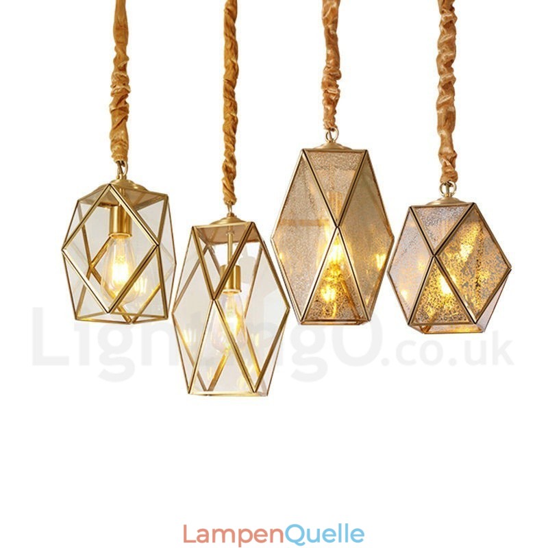 Hängeleuchte im rustikalen Lodge-Stil aus reinem Messing mit Glasschirm