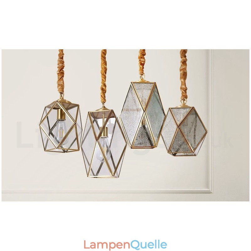 Hängeleuchte im rustikalen Lodge-Stil aus reinem Messing mit Glasschirm