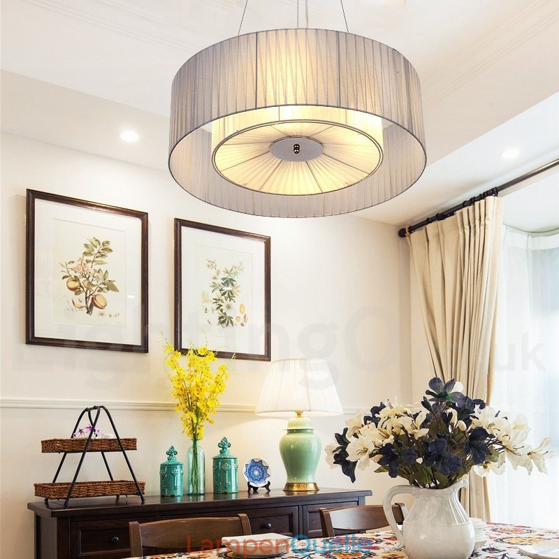 Moderne Pendelleuchte Drum mit 4 Lichtern und Stoffschirm
