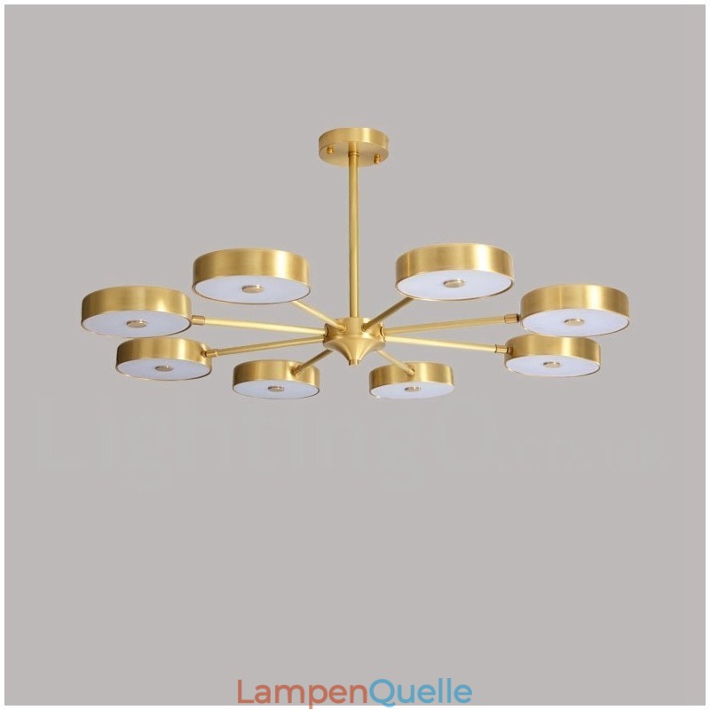 Rustikaler drehbarer Kronleuchter aus reinem Messing mit Acrylschirmen