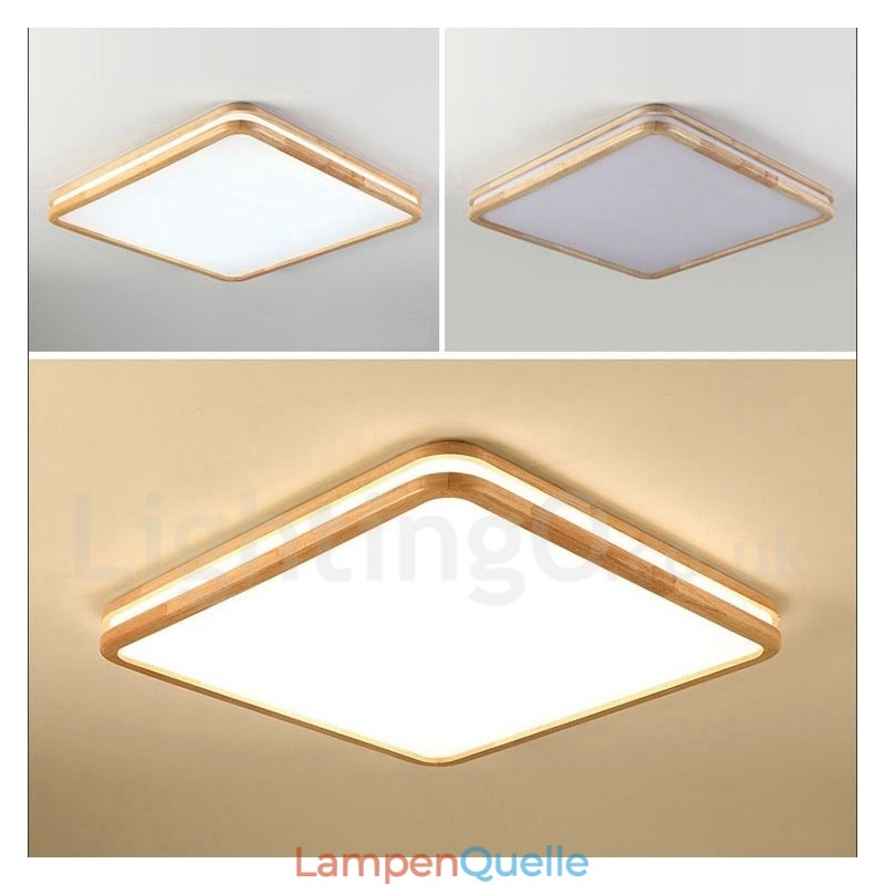 Quadratische Deckenleuchte aus Holz mit Linse, moderne, zeitgenössische Deckenleuchte im nordischen Stil, mit Acrylschirm und Fernbedienung, kann auch als Wandleuchte verwendet werden.