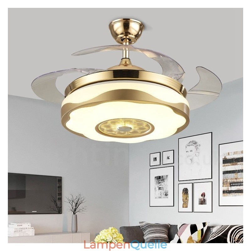108 cm (42 Zoll) 91 cm (36 Zoll) Moderner zeitgenössischer Deckenventilator mit Fernbedienung, goldfarben, mit Acrylschirm, stummgeschaltetem Motor aus reinem Kupfer