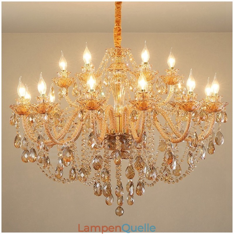 18 (12+6) Lichter Bernstein Gold Eleganter Kristall Kerzenleuchter