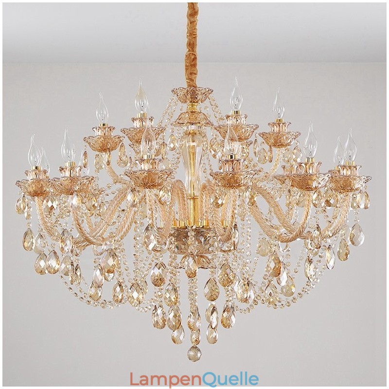 18 (12+6) Lichter Bernstein Gold Eleganter Kristall Kerzenleuchter