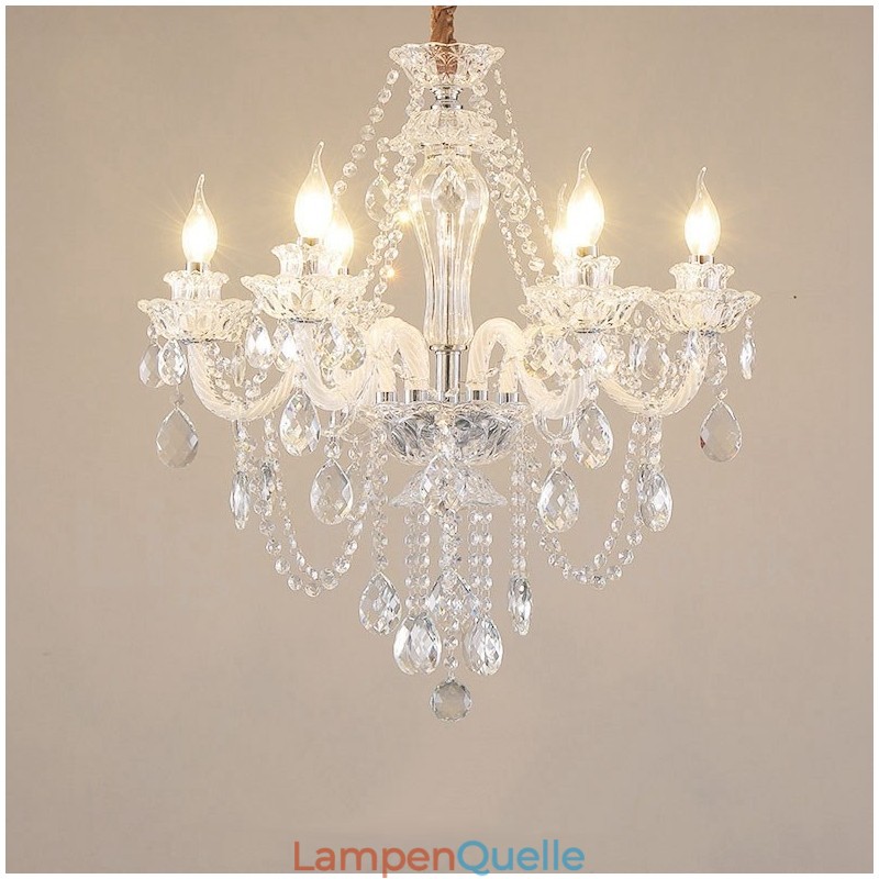 Kronleuchter mit 6 Kerzen und klarem Kristall, spezielles Design mit weißen Armen