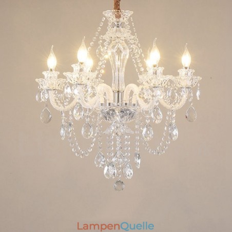 Kronleuchter mit 6 Kerzen und klarem Kristall, spezielles Design mit weißen Armen