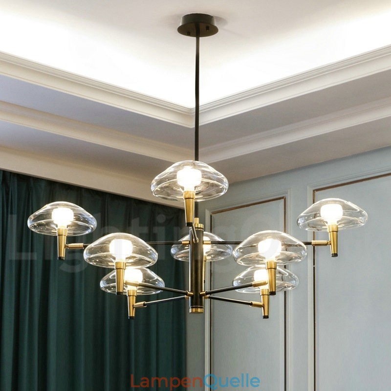 Kronleuchter mit 8 Lichtern, galvanisiert, lackiert, mit Glasschirmen