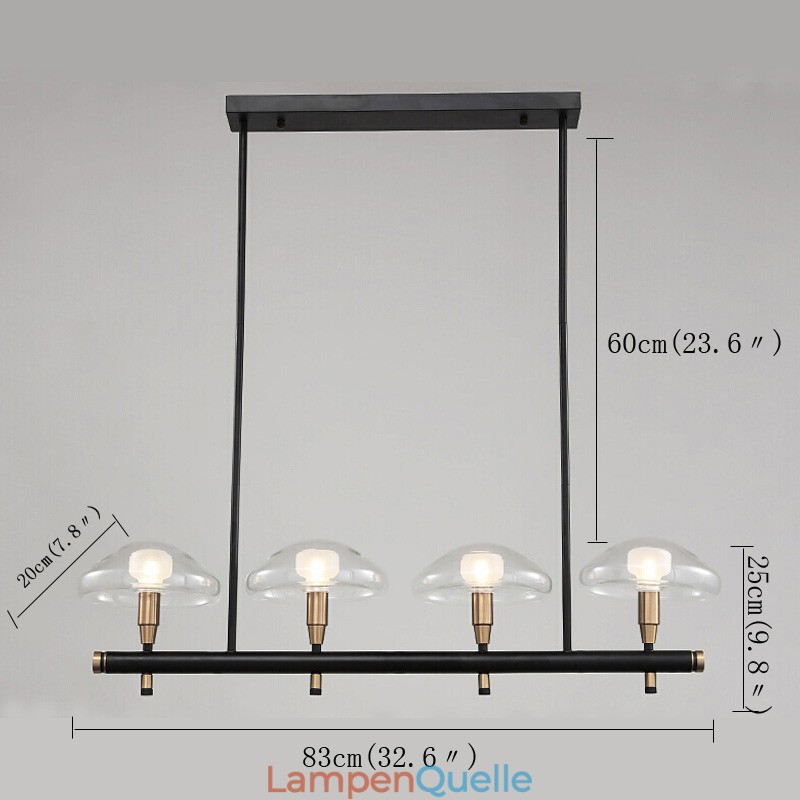 Kronleuchter mit 4 linearen Deckenflutern, galvanisiert, lackiert, mit Glasschirmen