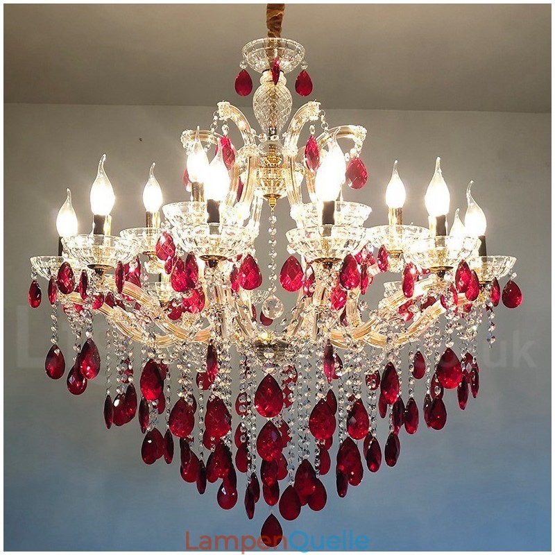 18 (12+6) Lichter luxuriöser roter Kristallkerzen-Goldkronleuchter