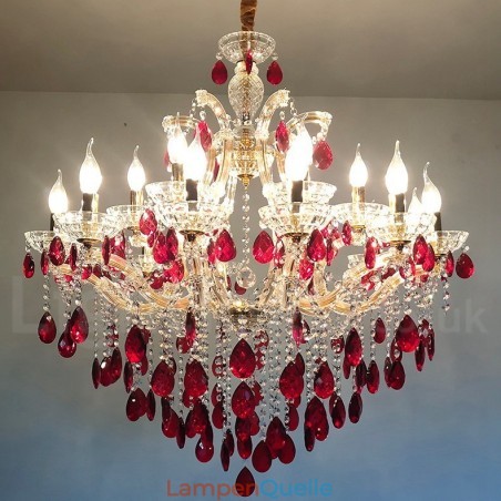 18 (12+6) Lichter luxuriöser roter Kristallkerzen-Goldkronleuchter 18 (12+6) Lichter luxuriöser roter Kristallkerzen-Goldkronleuchter