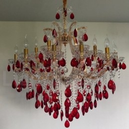 18 (12+6) Lichter luxuriöser roter Kristallkerzen-Goldkronleuchter