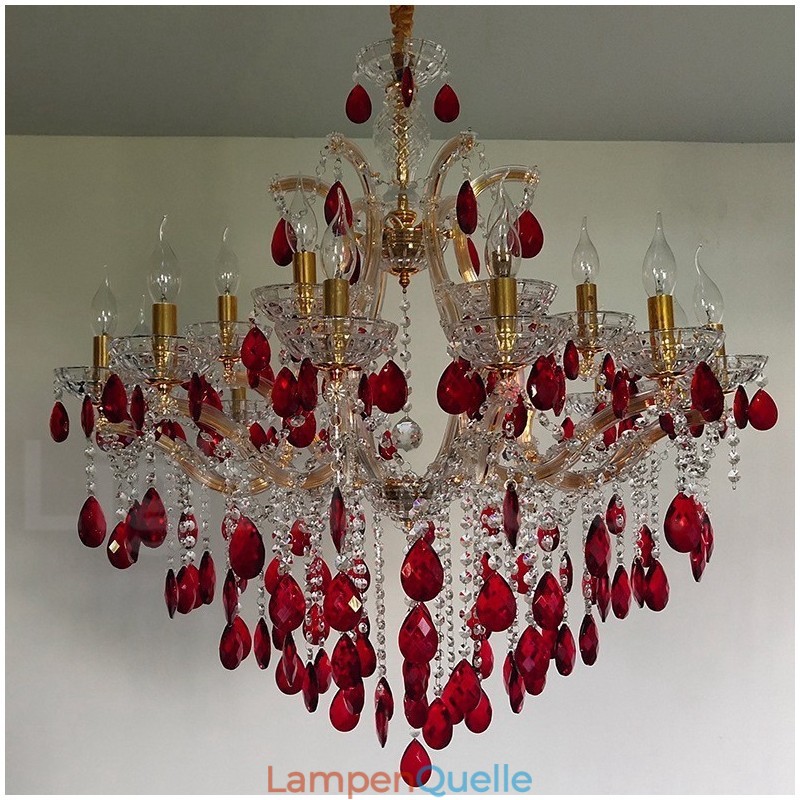 18 (12+6) Lichter luxuriöser roter Kristallkerzen-Goldkronleuchter