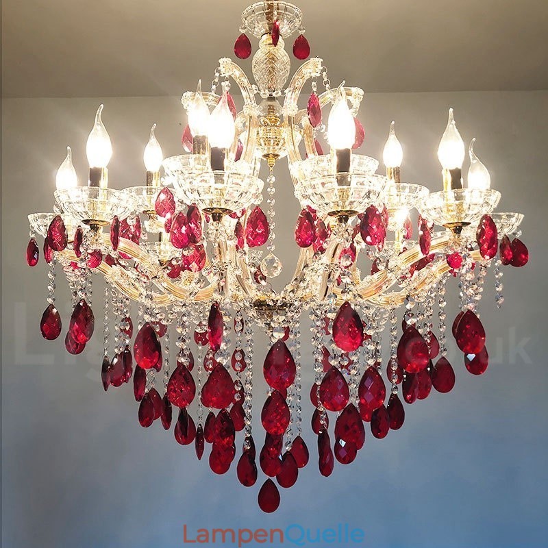 18 (12+6) Lichter luxuriöser roter Kristallkerzen-Goldkronleuchter