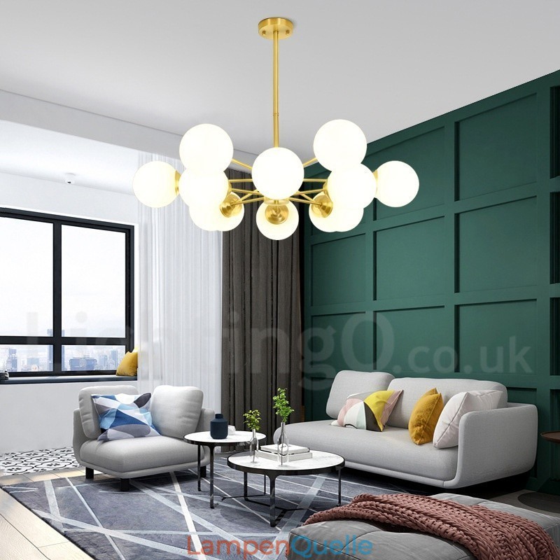 12 Lichter (6 + 6 Lichter) Zweistufiger Kronleuchter aus reinem Messing aus Nordeuropa, moderne Pendelleuchte mit Metallmolekülen