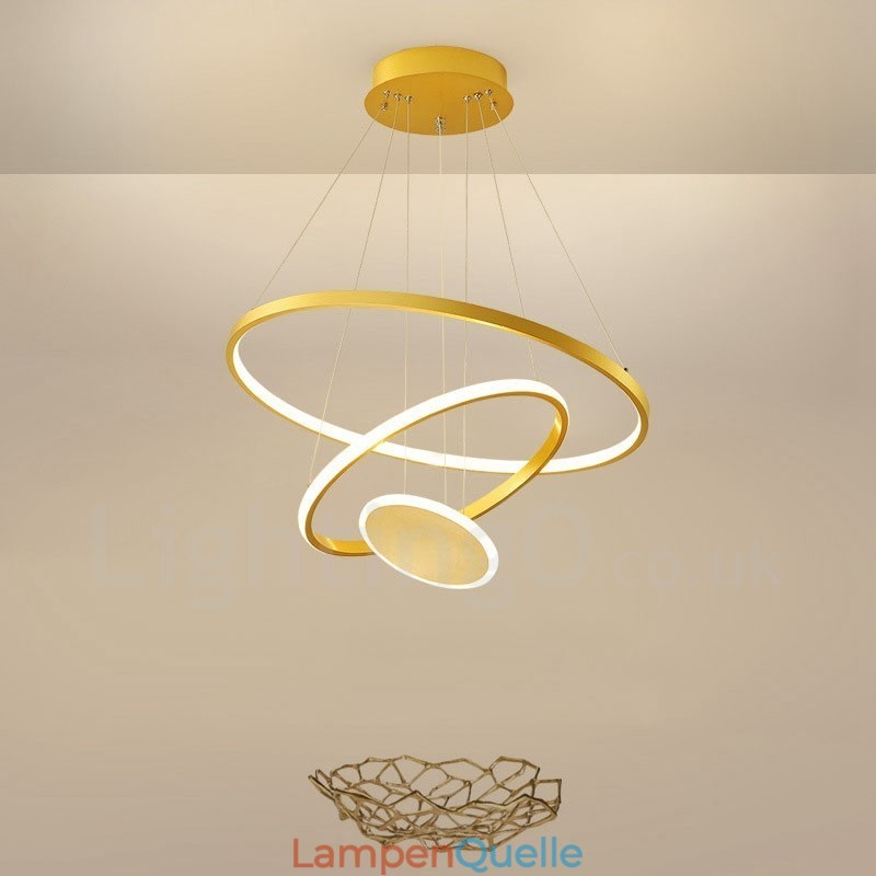 Three Circles Pendelleuchte mit drei Ringen, modernes Design, goldfarben, mit Fernbedienung