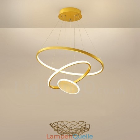 Three Circles Pendelleuchte mit drei Ringen, modernes Design, goldfarben, mit Fernbedienung Three Circles Pendelleuchte mit drei Ringen, modernes Design, goldfarben, mit Fernbedienung