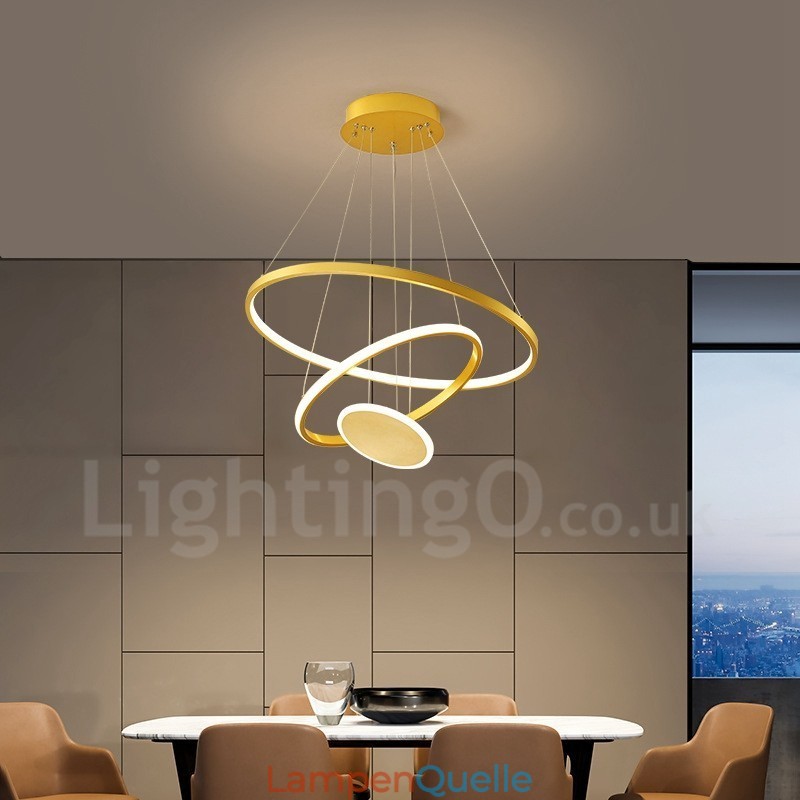 Three Circles Pendelleuchte mit drei Ringen, modernes Design, goldfarben, mit Fernbedienung