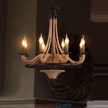 8-flammige Kerze im Industriestil, Hanfseil-Anhänger, Kronleuchter 8-flammige Kerze im Industriestil, Hanfseil-Anhänger, Kronleuchter