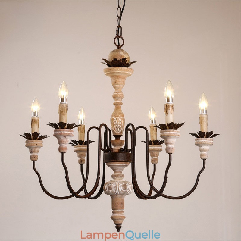 Landhaus Vintage Holz 6 Licht Kronleuchter Licht