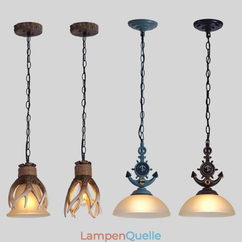 One Light Hängeleuchte, schwarz, rustikal, künstlerisch, Retro, Antik, mit Glasschirm