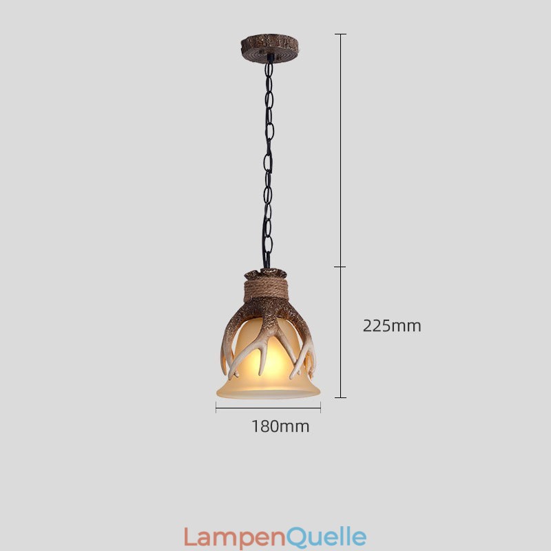 One Light Rustikale, künstlerische Retro-Pendelleuchte mit Geweih und antikem Glasschirm