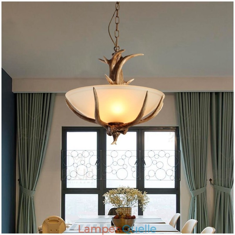 One Light Rustikale, künstlerische Retro-Pendelleuchte mit Geweih und antikem Glasschirm