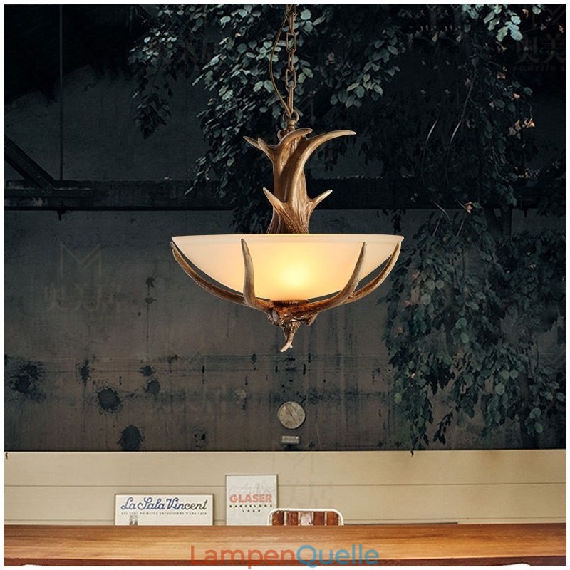 One Light Rustikale, künstlerische Retro-Pendelleuchte mit Geweih und antikem Glasschirm