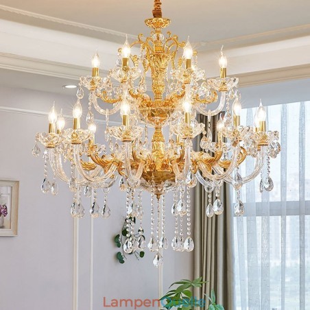 Luxuriöser Kronleuchter mit 18 Lichtern und zwei Ebenen, goldfarben, Kristall Luxuriöser Kronleuchter mit 18 Lichtern und zwei Ebenen, goldfarben, Kristall