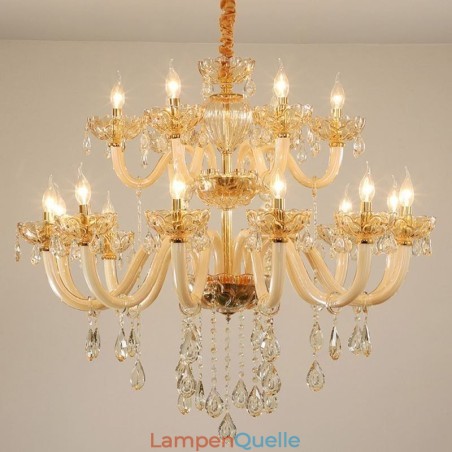 Eleganter Kristall-Kronleuchter, europäische Cognac-Farbe, Deckenleuchte, Glaskörper, doppellagig, 12 + 6 Lichter Eleganter Kristall-Kronleuchter, europäische Cognac-Farbe, Deckenleuchte, Glaskörper, doppellagig, 12 + 6 Lichter
