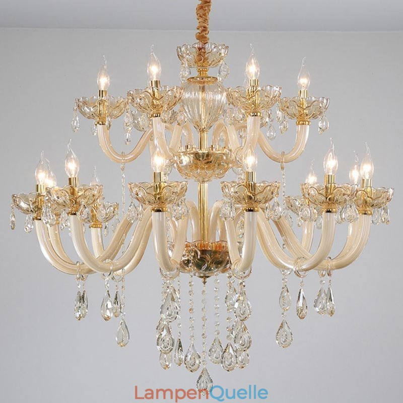 Eleganter Kristall-Kronleuchter, europäische Cognac-Farbe, Deckenleuchte, Glaskörper, doppellagig, 12 + 6 Lichter