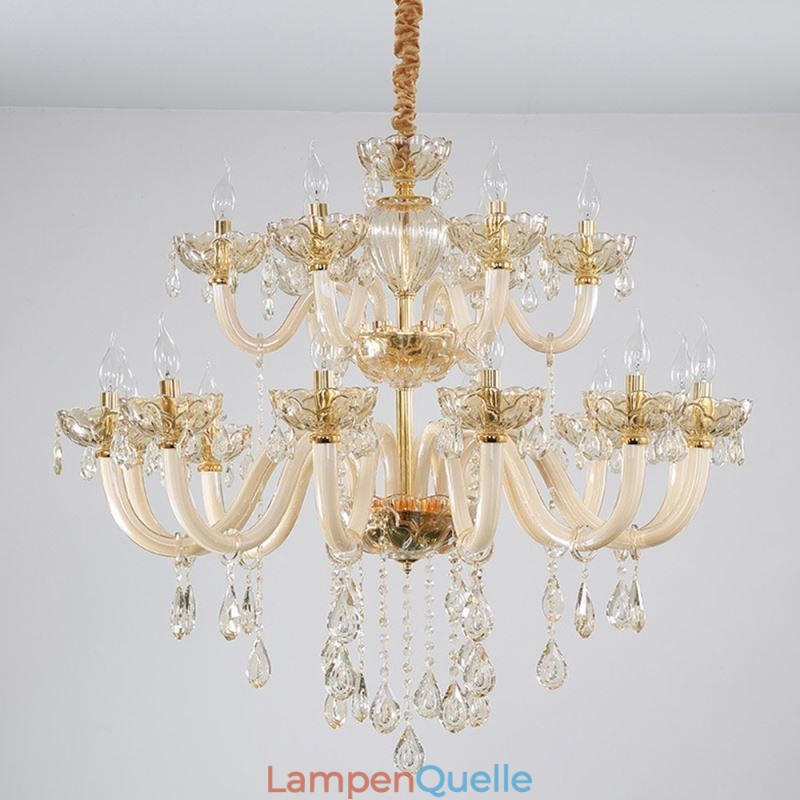 Eleganter Kristall-Kronleuchter, europäische Cognac-Farbe, Deckenleuchte, Glaskörper, doppellagig, 12 + 6 Lichter