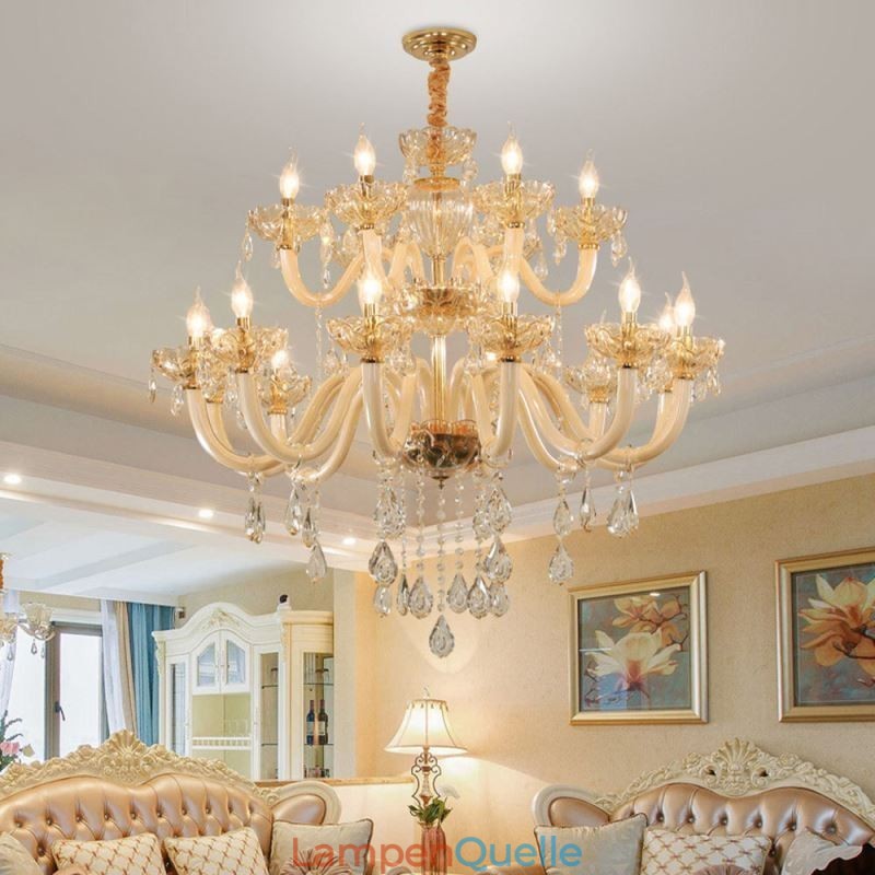 Eleganter Kristall-Kronleuchter, europäische Cognac-Farbe, Deckenleuchte, Glaskörper, doppellagig, 12 + 6 Lichter
