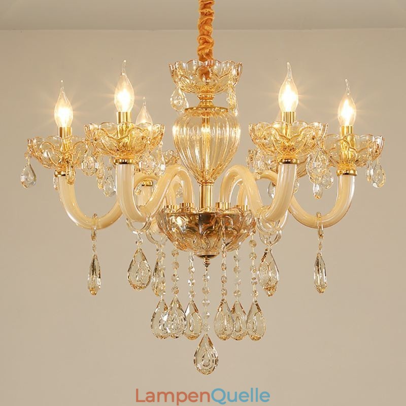 Wunderschöner Kristall-Kronleuchter, europäische Cognac-Farbe, Deckenleuchte, Glaskörper, 8 Lichter