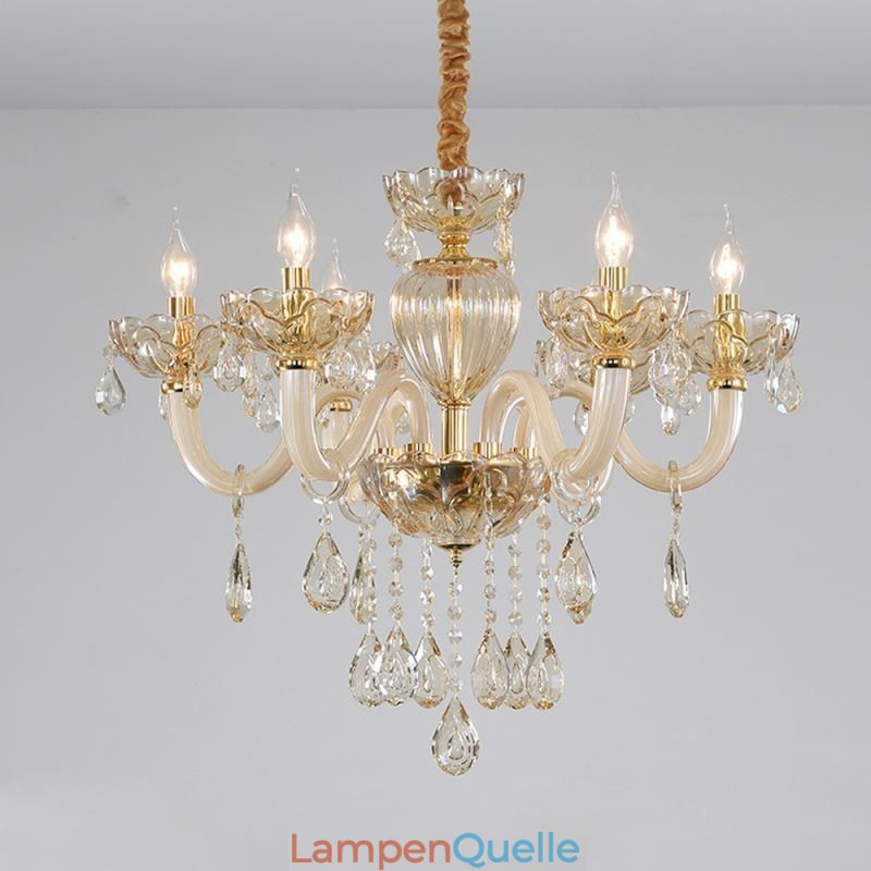 Wunderschöner Kristall-Kronleuchter, europäische Cognac-Farbe, Deckenleuchte, Glaskörper, 8 Lichter