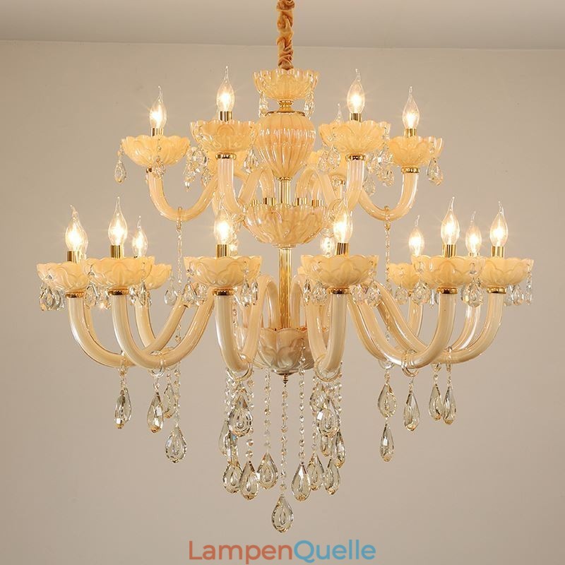 Luxuriöser Kristall-Kronleuchter, europäische Cognac-Farbe, Deckenleuchte, Glaskörper, doppellagig, 12 + 6 Lichter
