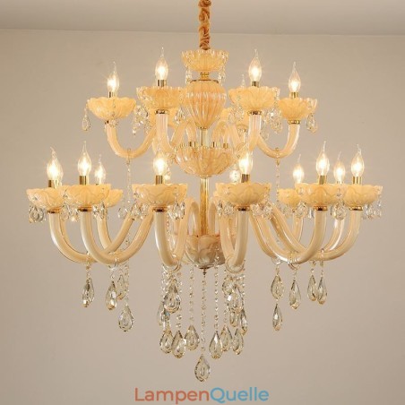 Luxuriöser Kristall-Kronleuchter, europäische Cognac-Farbe, Deckenleuchte, Glaskörper, doppellagig, 12 + 6 Lichter Luxuriöser Kristall-Kronleuchter, europäische Cognac-Farbe, Deckenleuchte, Glaskörper, doppellagig, 12 + 6 Lichter