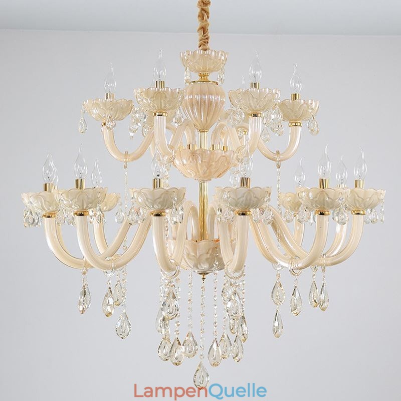 Luxuriöser Kristall-Kronleuchter, europäische Cognac-Farbe, Deckenleuchte, Glaskörper, doppellagig, 12 + 6 Lichter