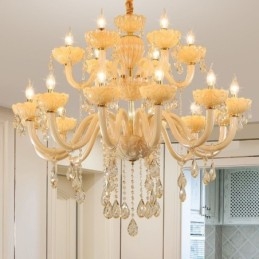 Luxuriöser Kristall-Kronleuchter, europäische Cognac-Farbe, Deckenleuchte, Glaskörper, doppellagig, 12 + 6 Lichter