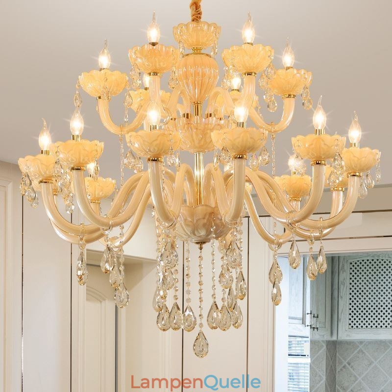 Luxuriöser Kristall-Kronleuchter, europäische Cognac-Farbe, Deckenleuchte, Glaskörper, doppellagig, 12 + 6 Lichter