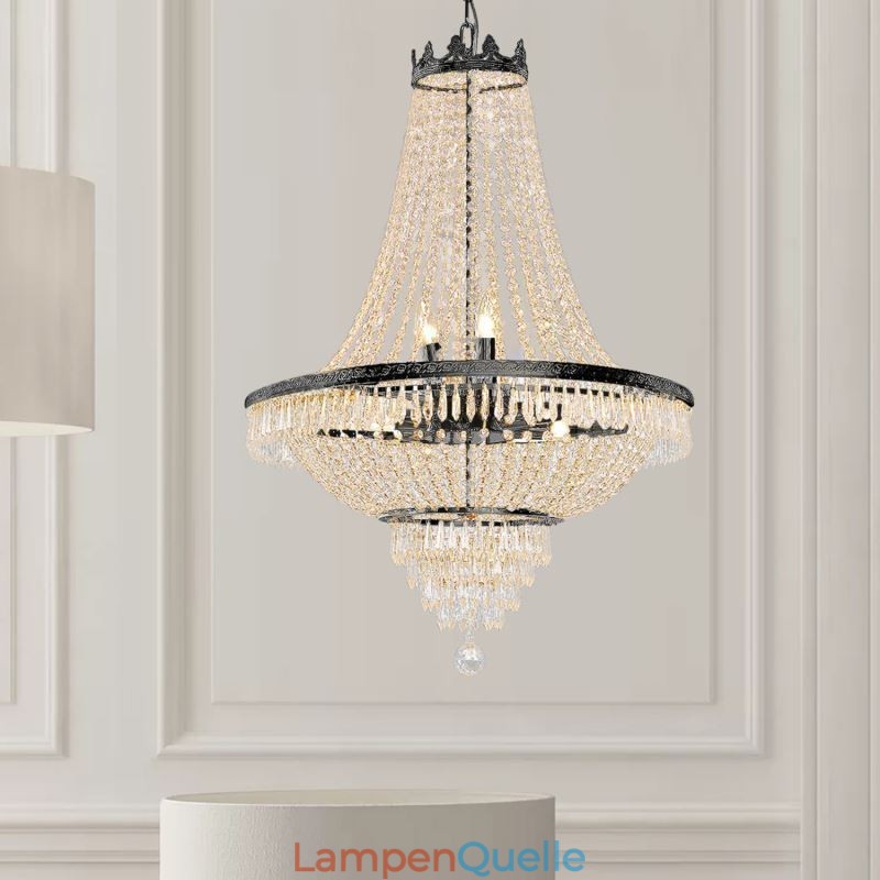 Klassischer Kristall-Kronleuchter, schwarz, Empire-Stil, Pendelleuchte, 9 Lichter