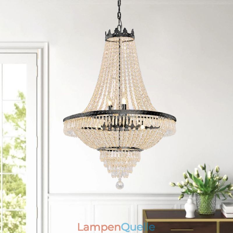 Klassischer Kristall-Kronleuchter, schwarz, Empire-Stil, Pendelleuchte, 9 Lichter