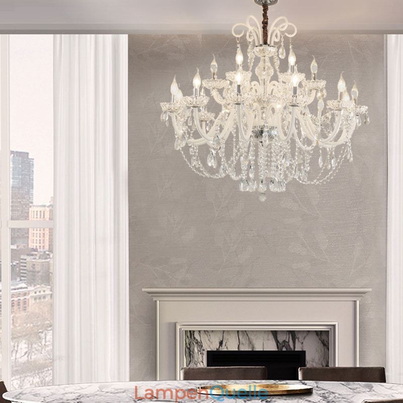 Großer europäischer Kristallkronleuchter, weiße Pendelleuchte