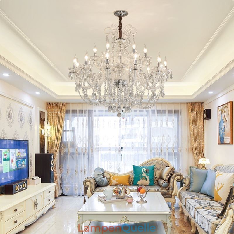 Großer europäischer Kristallkronleuchter, weiße Pendelleuchte