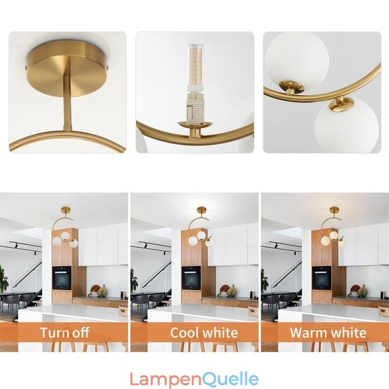 Moderne und einfache Deckenleuchte mit drei Köpfen aus milchig weißem Glas, G9, 5 W